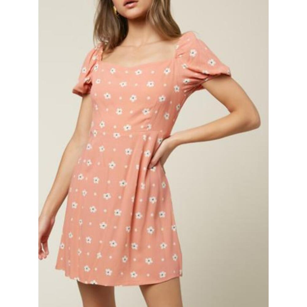 O'Neill Mandia Short Sleeve Floral Mini Dress NWT Women's Sz XL Peach Smocking